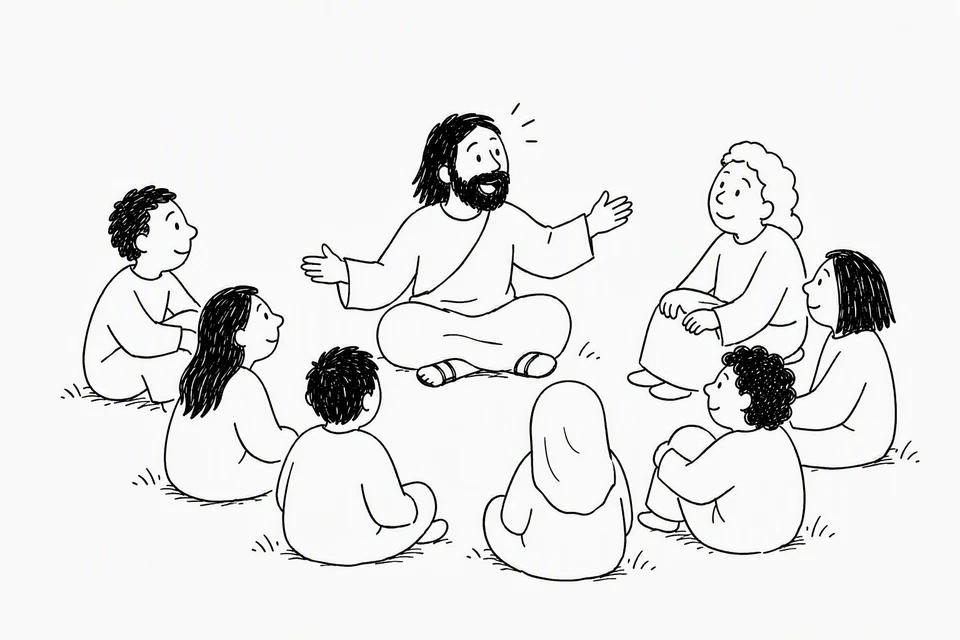 Bible illustration for Mark 3:33–35. Jesus teaches a welcoming small circle of followers.