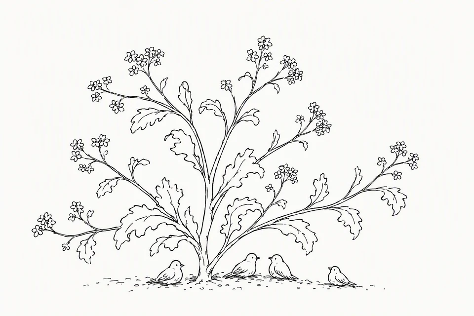 Bible illustration for Mark 4:30–32. Birds gather under a mature flowering shrub that provides shelter.