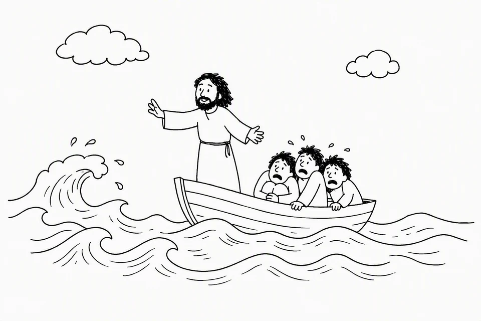 Bible illustration for Mark 4:38–40. Jesus commands the storm or waves while his disciples fear for their lives.