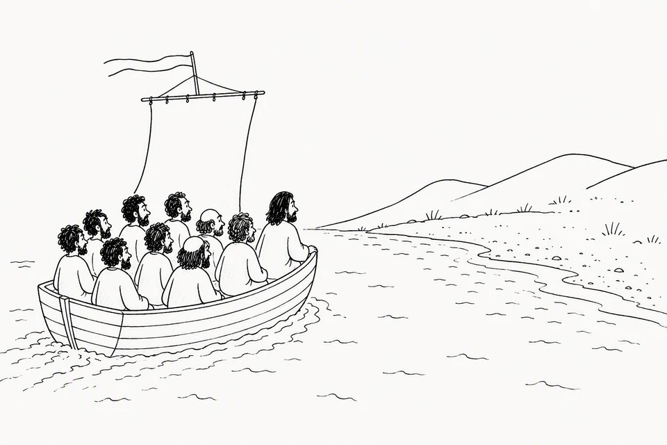 Bible illustration for Mark 6:30–32. Jesus and his companions travel by boat toward a secluded shore.