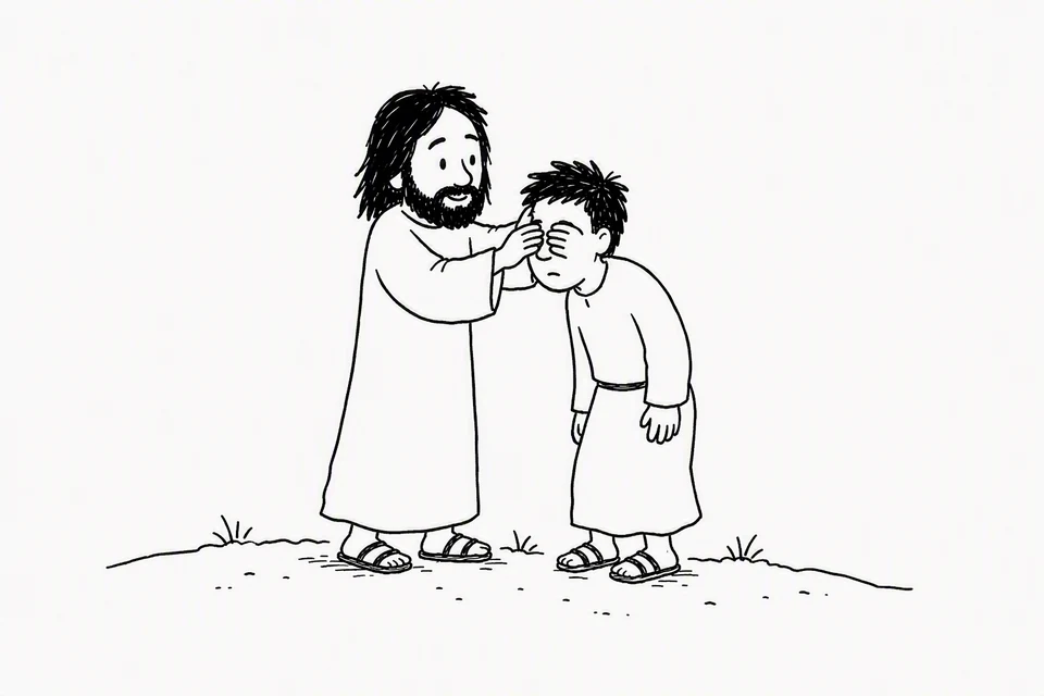 Bible illustration for Mark 8:22–25. Jesus touches a blind man's eyes in a healing gesture.