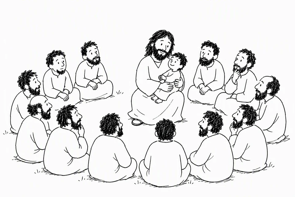 Bible illustration for Mark 9:35–37. Jesus welcomes a child and uses the child as an example while teaching disciples.