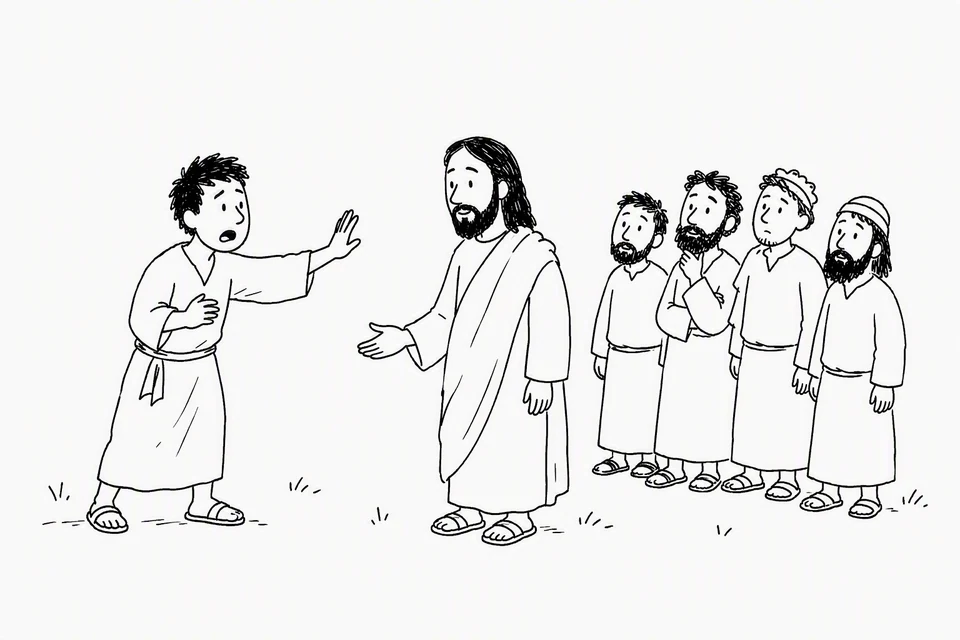 Bible illustration for Mark 9:38–40. A disciple reports a concern or objects to something while Jesus calmly responds.