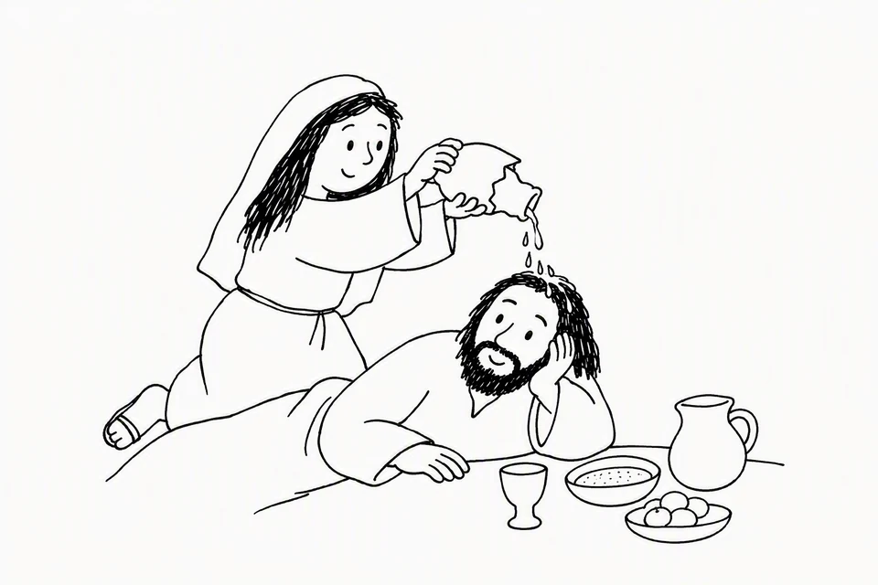 Bible illustration for Mark 14:6–9. A woman anoints Jesus's head while he reclines at a meal.