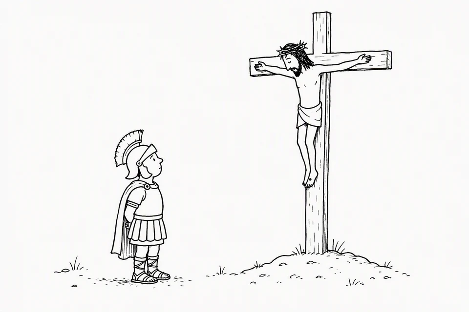Bible illustration for Mark 15:37–39. A Roman soldier witnesses Jesus on the cross.