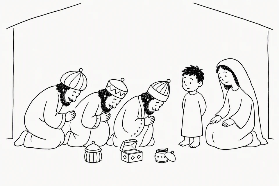 Bible illustration for Matthew 2:10–11. Three visitors honor a child with a formal bow and gifts.