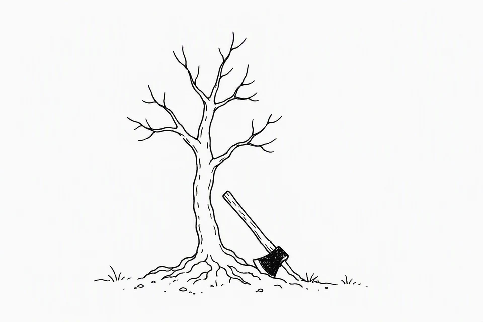 Bible illustration for Matthew 3:8–10. A bare tree is about to be cut down or has an axe set beside it.