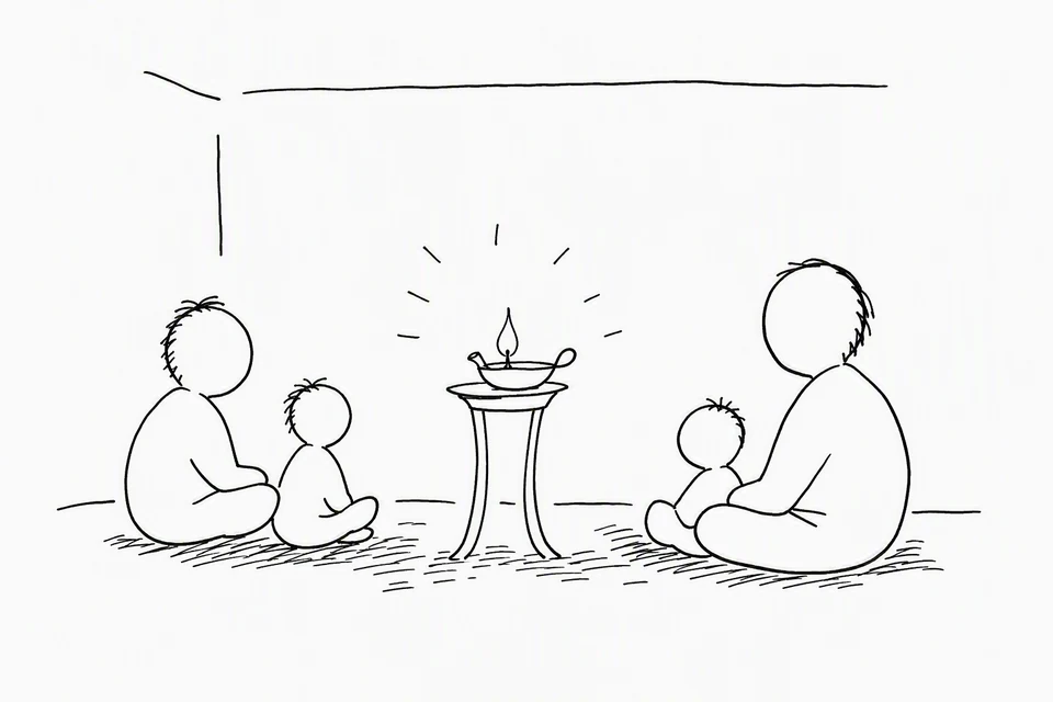 Bible illustration for Matthew 5:14–16. A family or small group gathers around a lamp that illuminates their room.
