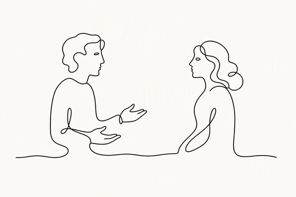 Bible illustration for Matthew 5:37. Two people have a direct conversation.