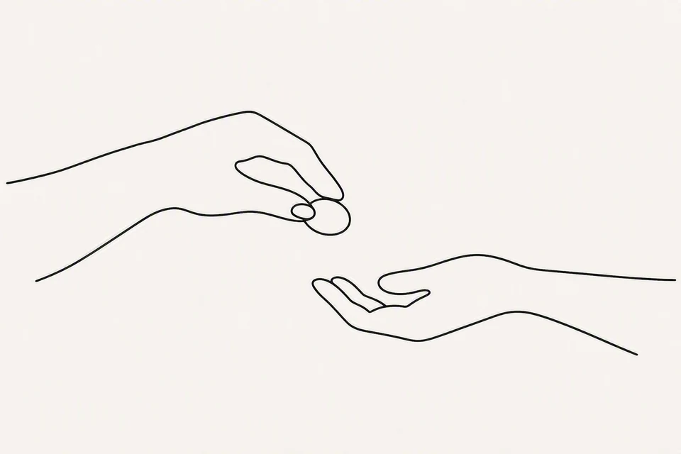 Bible illustration for Matthew 6:3–4. Someone gives another person a coin.