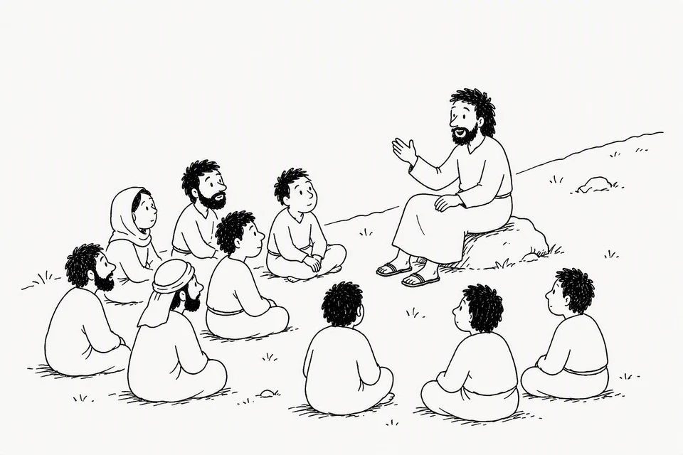 Bible illustration for Matthew 6:9–13. A teacher gives an outdoor lesson to seated listeners.