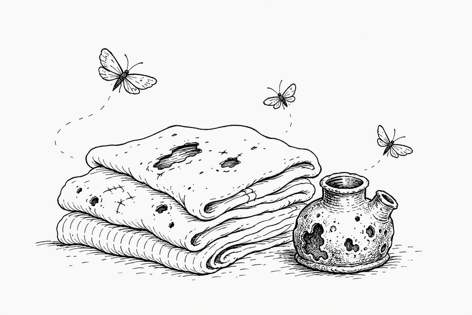 Bible illustration for Matthew 6:19–21. Stored fabrics and a vessel have decayed, with moths around the cloth.