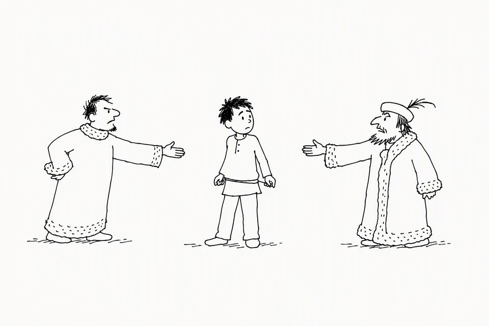 Bible illustration for Matthew 6:24. A young person is being called or claimed by two authority figures at once.