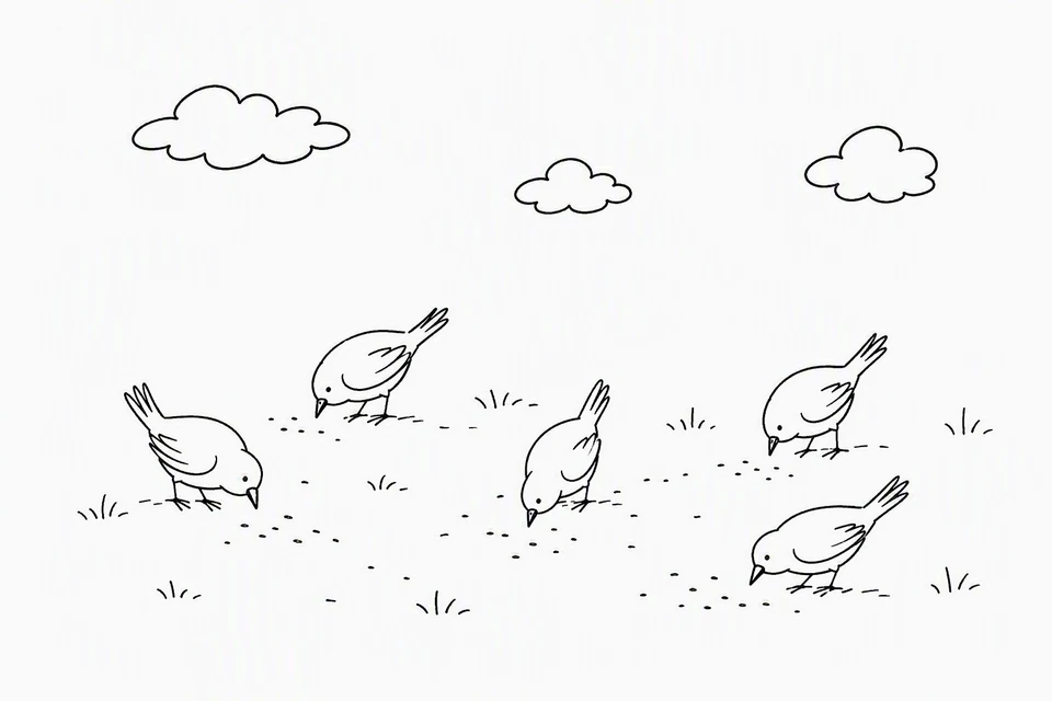 Bible illustration for Matthew 6:26. Birds forage for seeds outdoors.