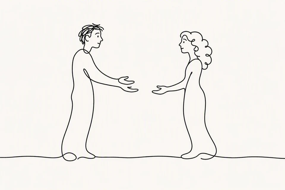 Bible illustration for Matthew 7:12. Two people approach one another with mutual friendliness.