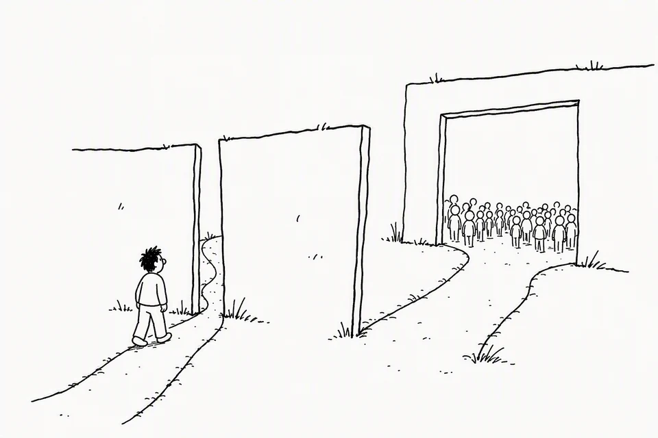 Bible illustration for Matthew 7:13–14. One person takes a narrow, less crowded way while a crowd takes the broad way.
