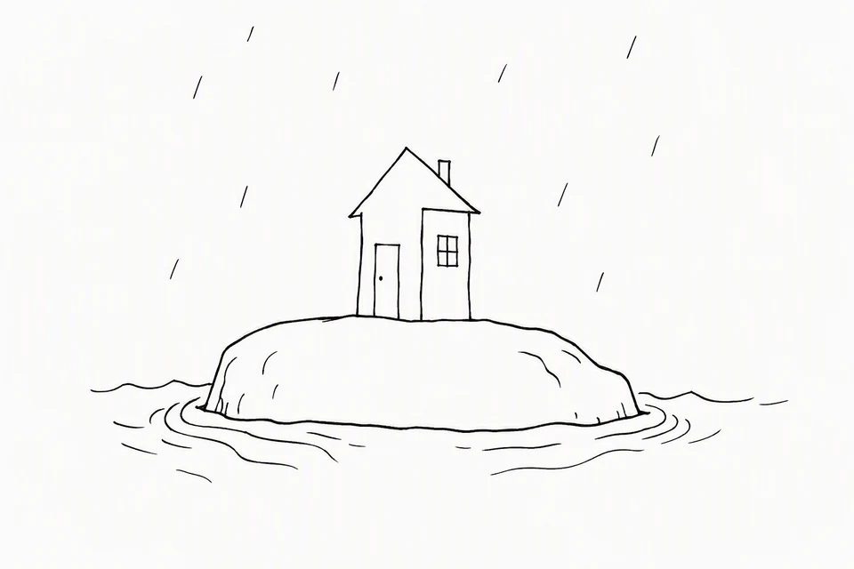 Bible illustration for Matthew 7:24–25. A house stays above the surrounding water because it rests on a solid raised rock.