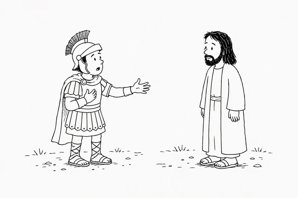 Bible illustration for Matthew 8:8–10. A soldier respectfully asks a robed man for help or understanding.