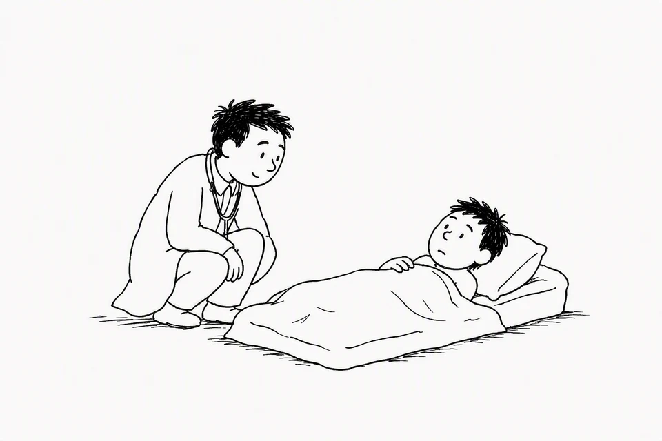 Bible illustration for Matthew 9:12–13. A doctor checks on or comforts a sick person.