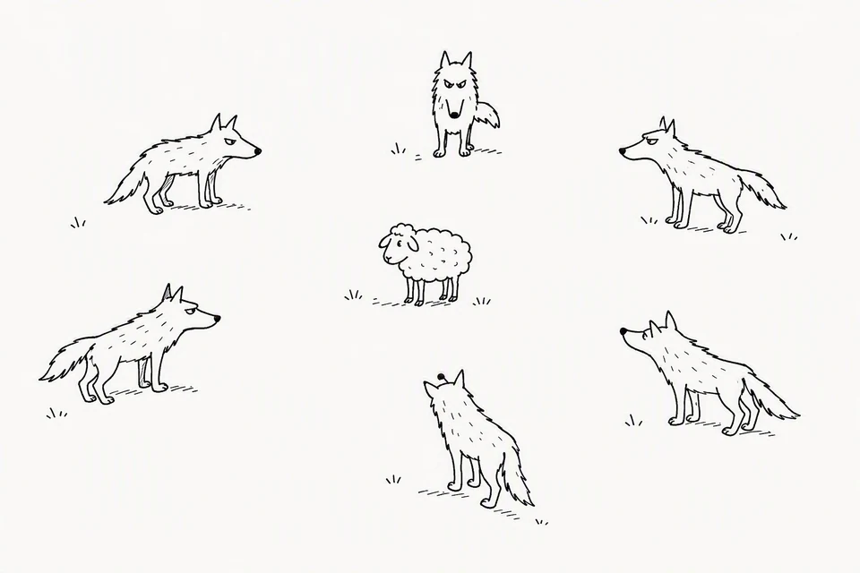 Bible illustration for Matthew 10:16. A vulnerable sheep is surrounded by wolves.
