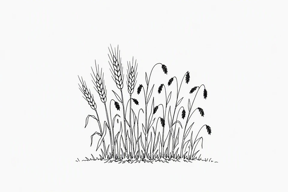 Bible illustration for Matthew 13:28–30. Wheat-like grain grows among another type of grass.