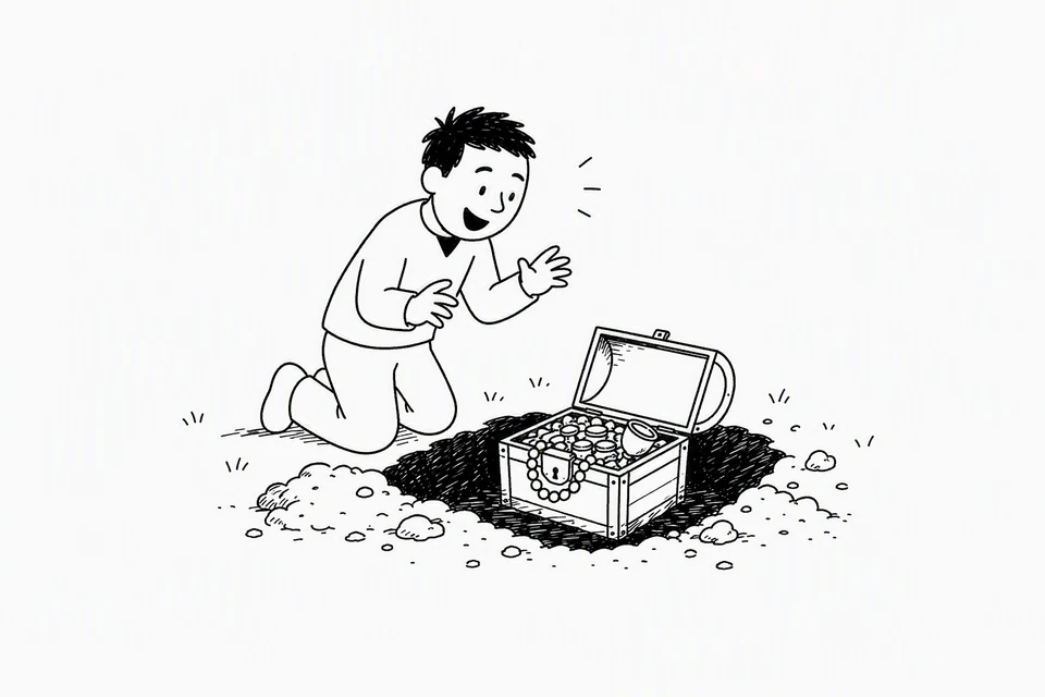 Bible illustration for Matthew 13:44. Someone is delighted to discover buried treasure.