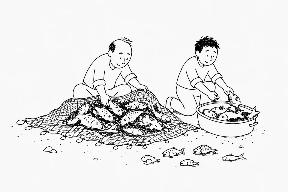 Bible illustration for Matthew 13:47–50. Fishers sort their catch from a net into a container.
