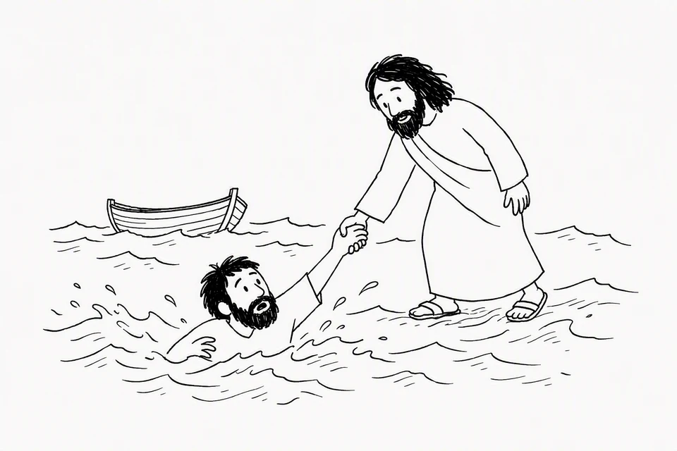 Bible illustration for Matthew 14:28–31. A person standing on water rescues someone who is sinking.
