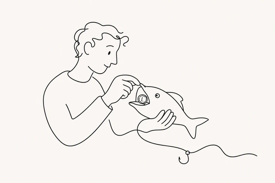 Bible illustration for Matthew 17:24–27. A fisher discovers a coin in a fish's mouth.