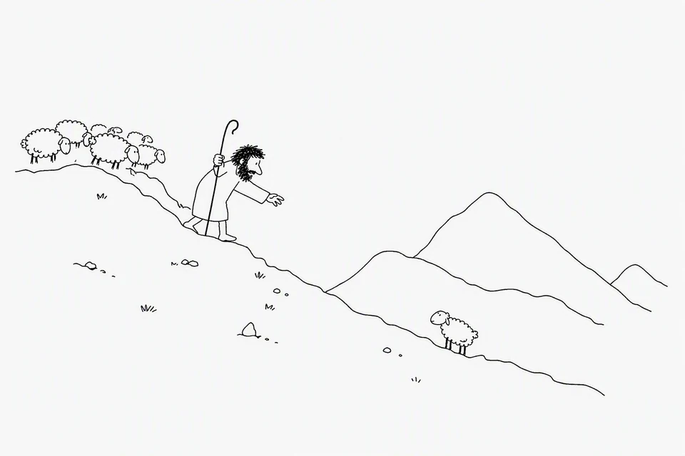 Bible illustration for Matthew 18:12–14. A shepherd goes after a sheep separated from the flock.