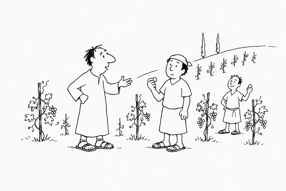 Bible illustration for Matthew 20:13–15. A vineyard worker questions or complains about payment while another worker is pleased.