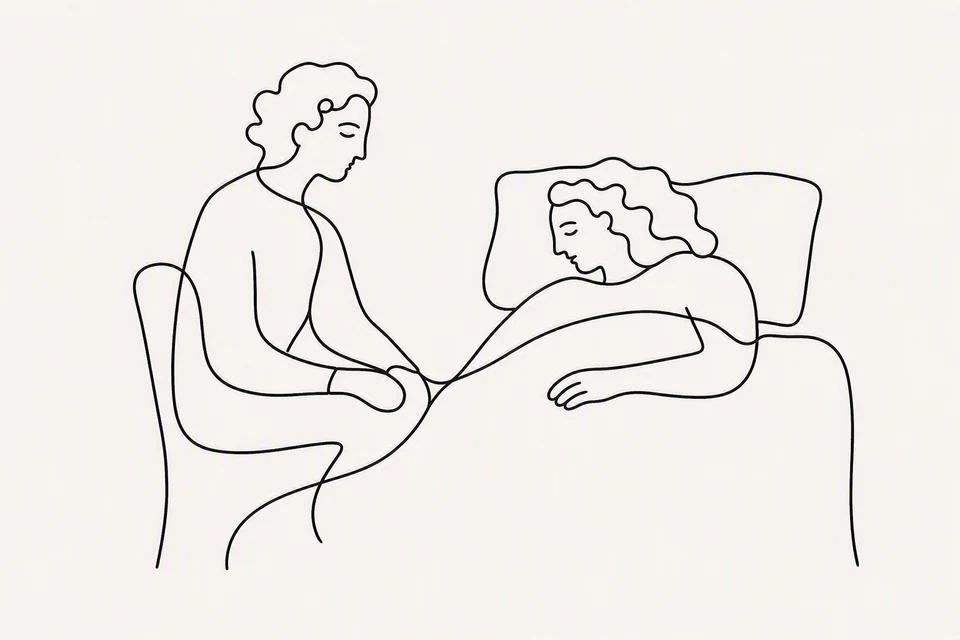 Bible illustration for Matthew 25:35–36. Someone quietly watches over a resting or sick person.