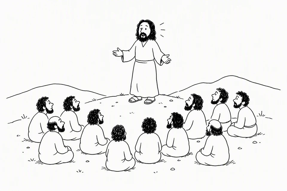 Bible illustration for Matthew 28:18–20. A teacher gives a talk to a seated group on a hillside.