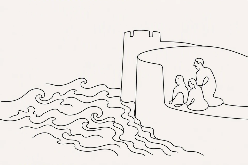 Bible illustration for Nahum 1:7–8. People shelter inside a strong enclosure against turbulent water.