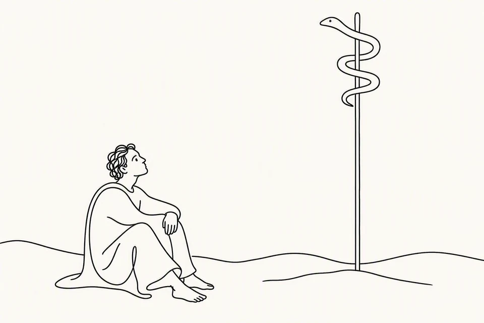Bible illustration for Numbers 21:8–9. A seated, barefoot person looks up at a large snake wrapped around the top of a tall upright pole. The clearest relationship is attentive looking toward an elevated serpent emblem, possibly seeking help or healing.
