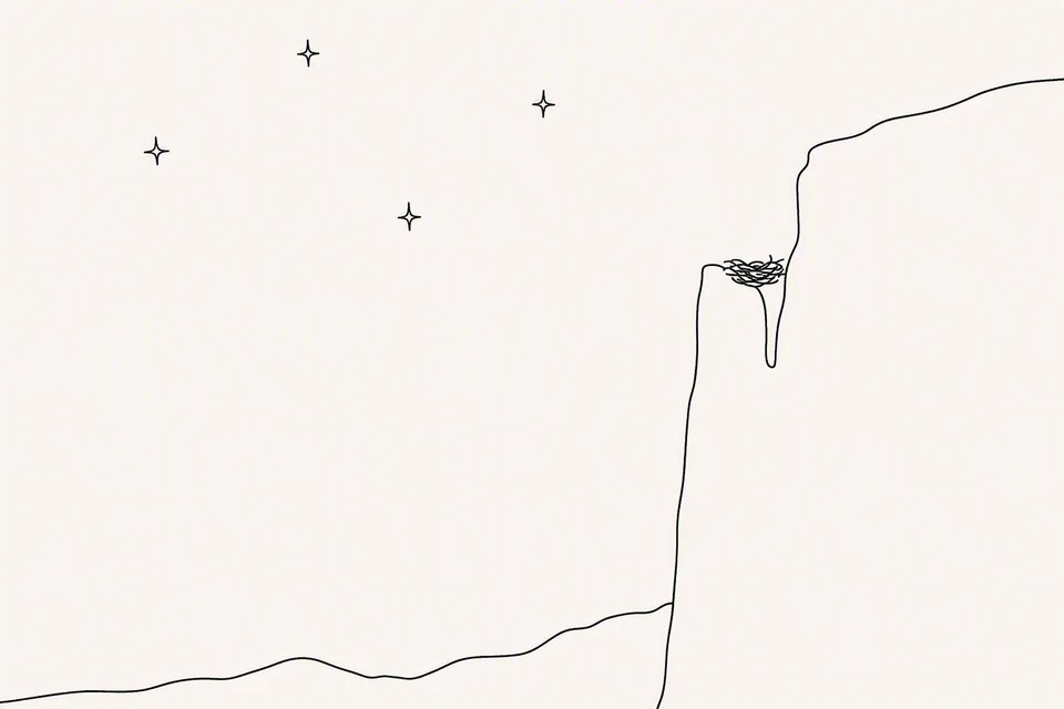 Bible illustration for Obadiah 1:3–4. A nest is perched high on an isolated cliff beneath stars.