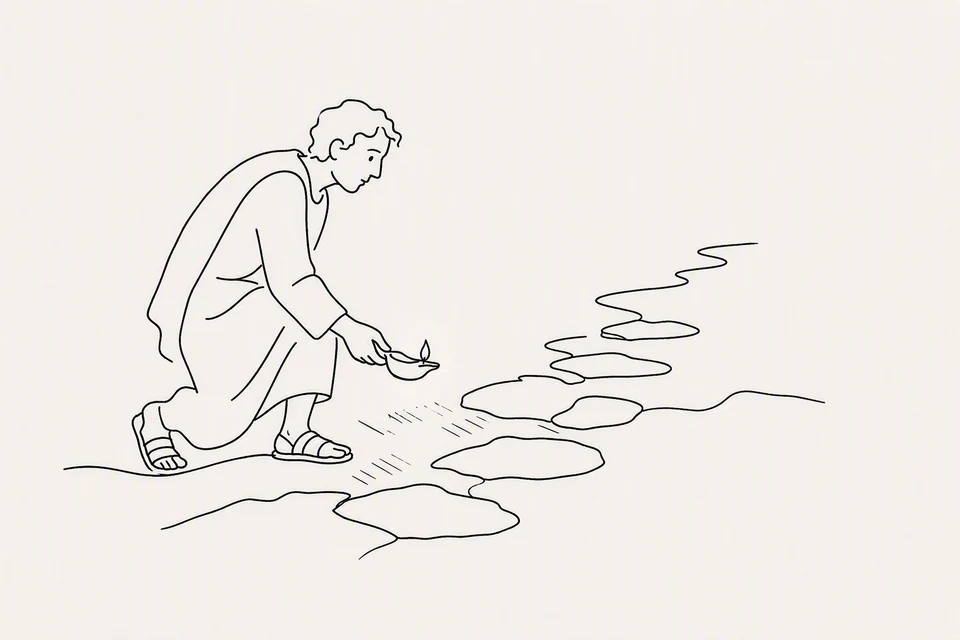 Bible illustration for Psalms 119:105. A person is inspecting or lighting the next part of a rough stone path with a small lamp before proceeding.