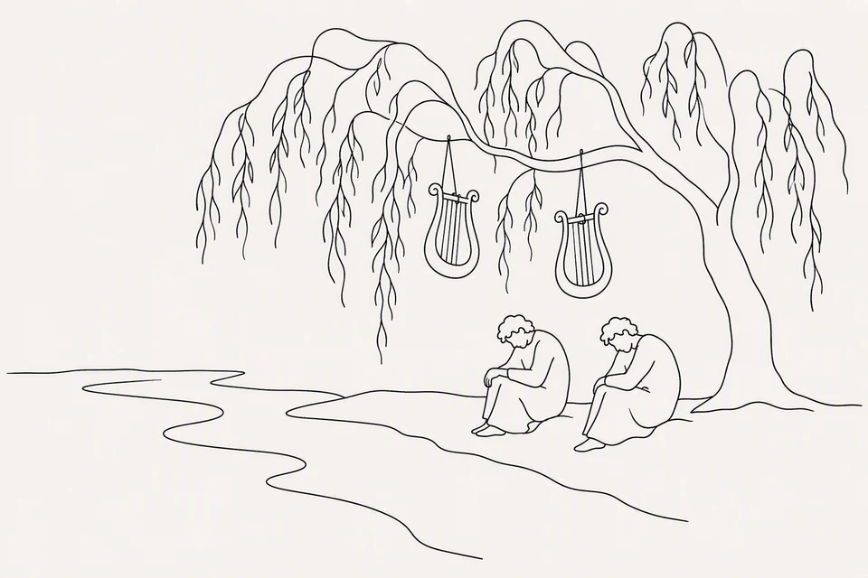 Bible illustration for Psalms 137:1–4. Two people are sitting in sadness or exhaustion beside a river under a drooping tree. Their instruments have been hung up, suggesting music has stopped because they are grieving. The scene naturally evokes lament, loss, homesickness, or exile; I recognize a possible biblical riverside lament, but the specific cause of sorrow is not visible.