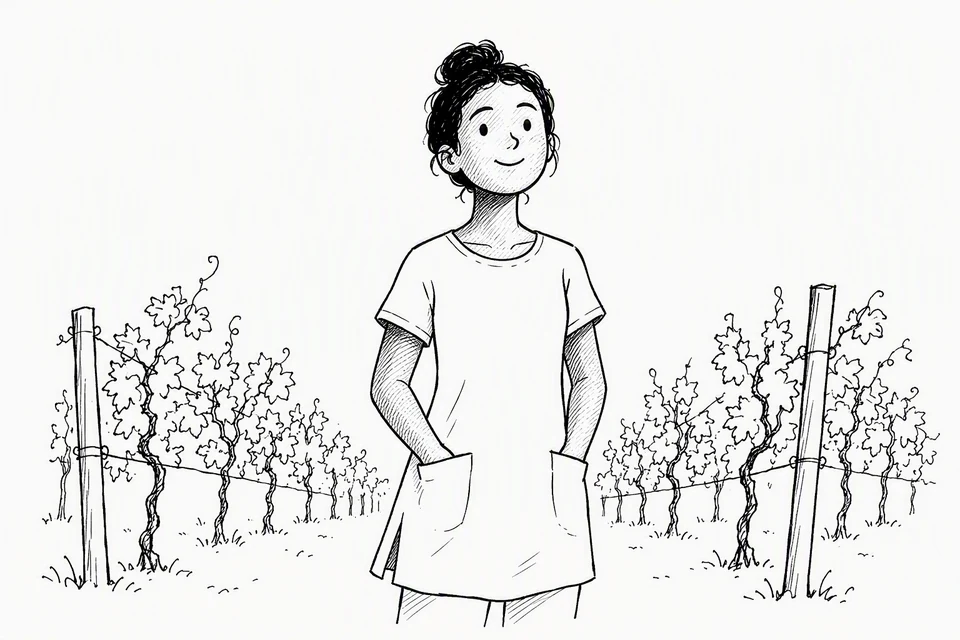 Bible illustration for Song of Solomon 1:5–6. A gardener or vineyard worker pauses contentedly among cared-for vines.
