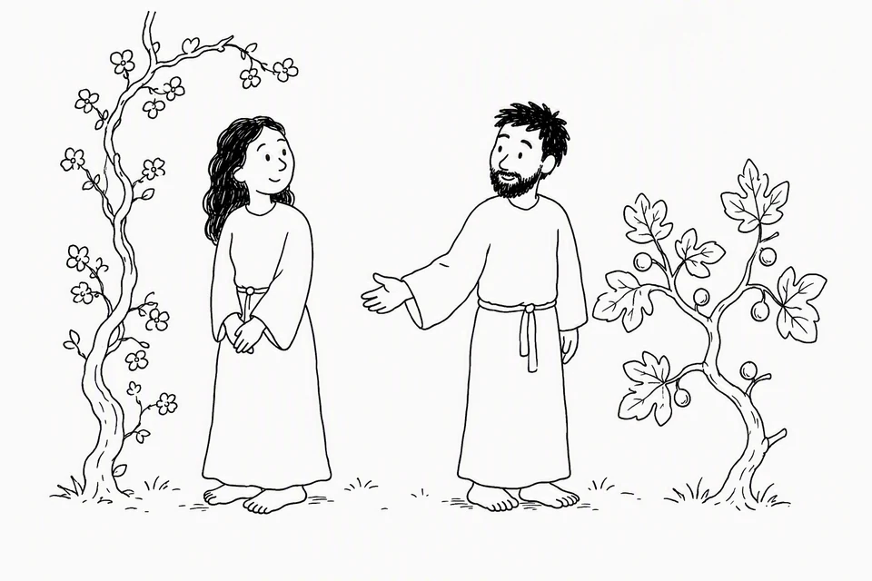 Bible illustration for Song of Solomon 2:10–13. One person warmly invites another to join them in a flowering garden.