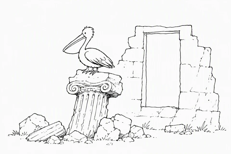 Bible illustration for Zephaniah 2:13–15. A pelican rests among the remains of an old building.