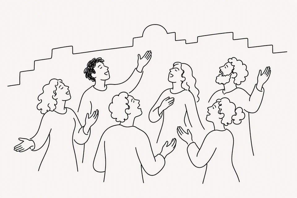 Bible illustration for Zephaniah 3:14–17. A group sings or celebrates together with hands raised.