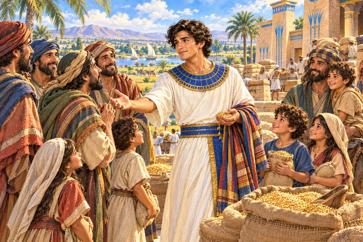 Joseph welcomes his brothers and their children beside the abundant grain of Egypt.